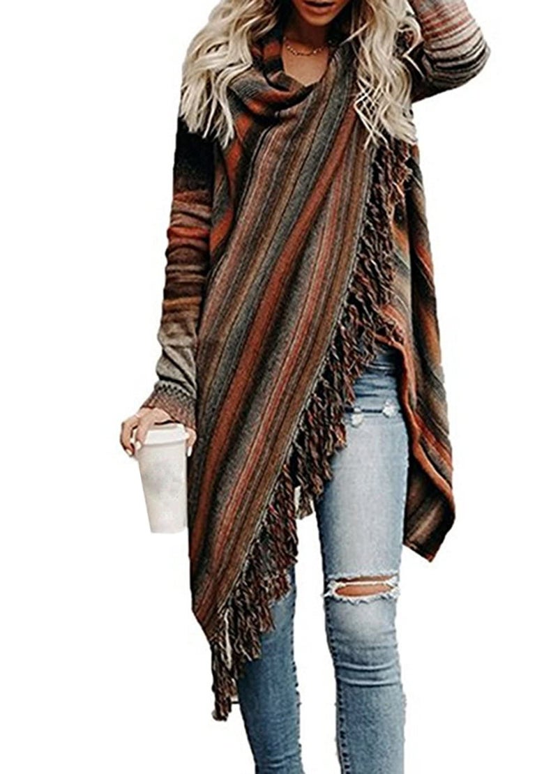 GOLDSTITCH Women's Open Front Knited Loose Crew Neck Fringe Sweater Outwear M - Image 3